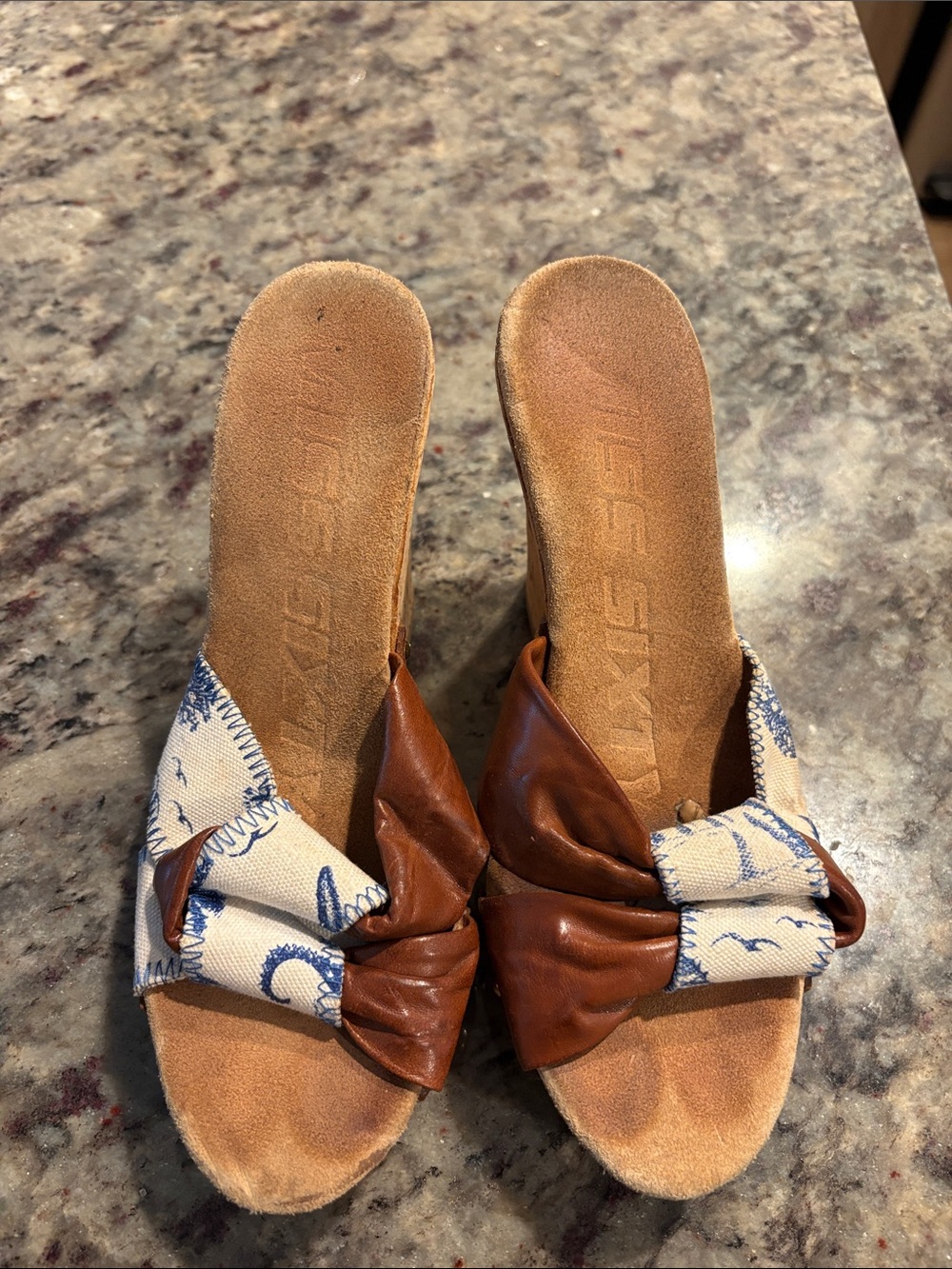 Miss Sixty Brown Leather and Blue-Print Knot Slide Mules